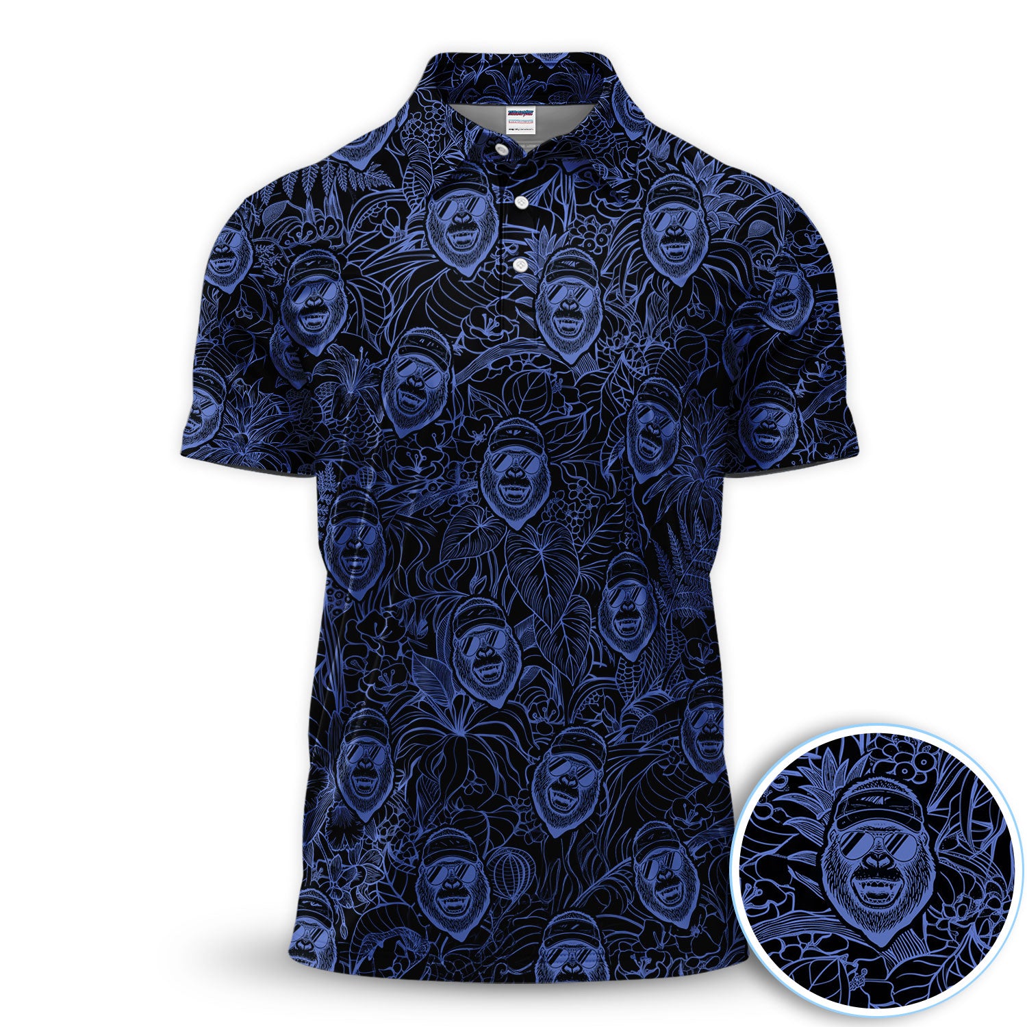 Bigfoot Neon Outline Polo Shirt For Men, Sasquatch Face All Over Print, Cool Blue Line Art Cryptid Pattern Casual Shirt
