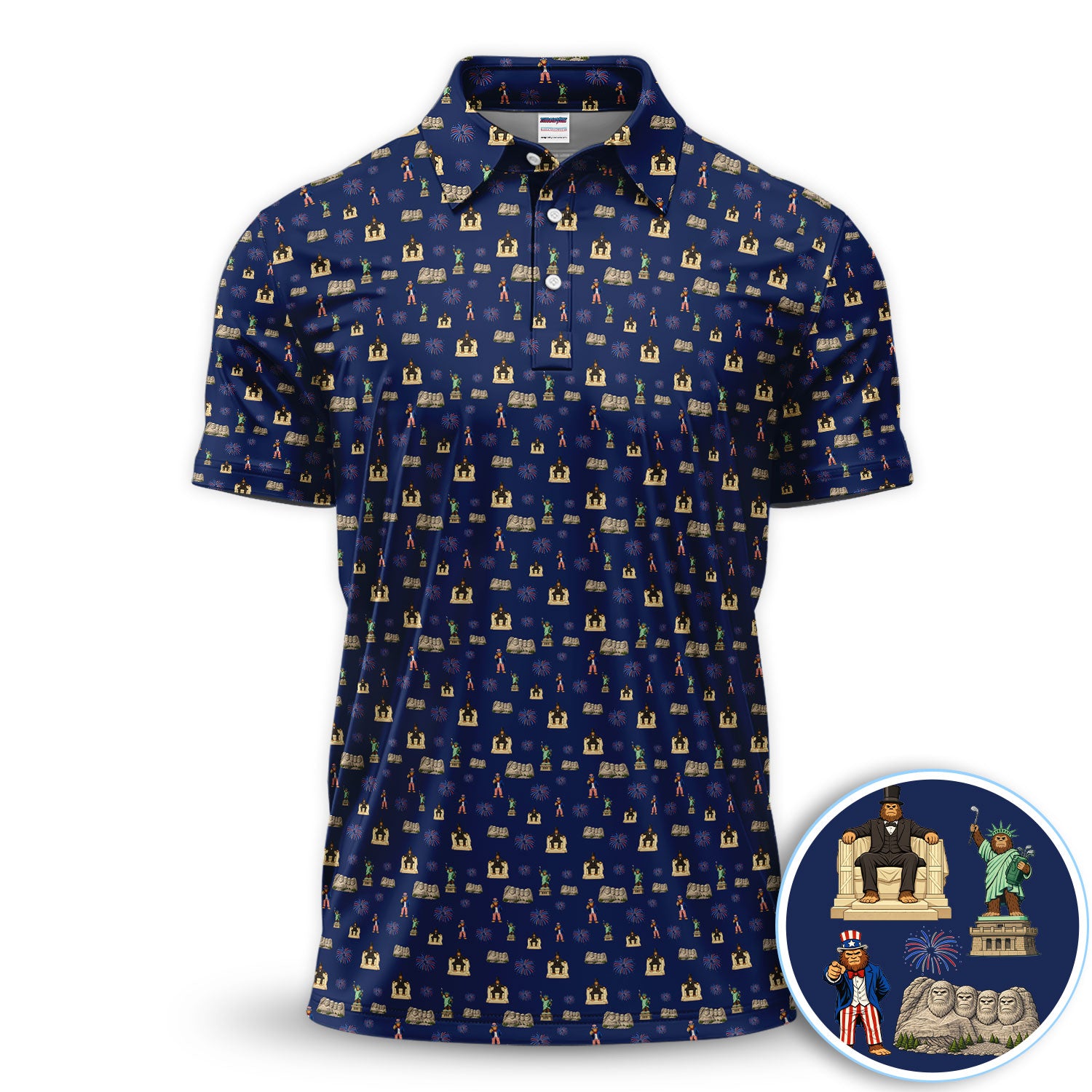 USA Landmarks Pattern Polo Shirt, Patriotic America Print Golf Shirt For Men, Golf Gift For Golfer