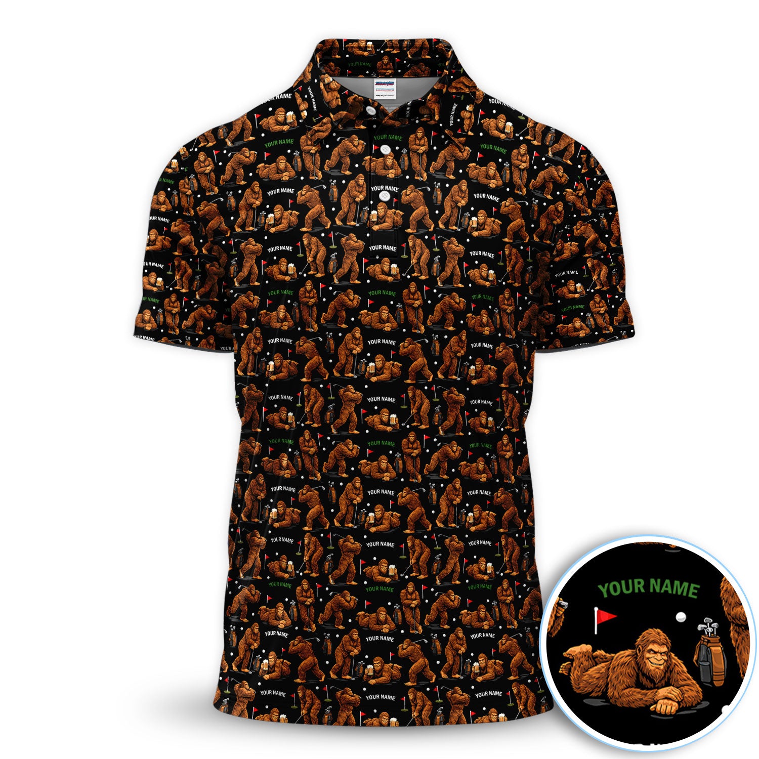 Personalized Bigfoot Pattern Golf Polos, Crazy Bigfoot Golf Shirt For Men, Funny Golf Shirt