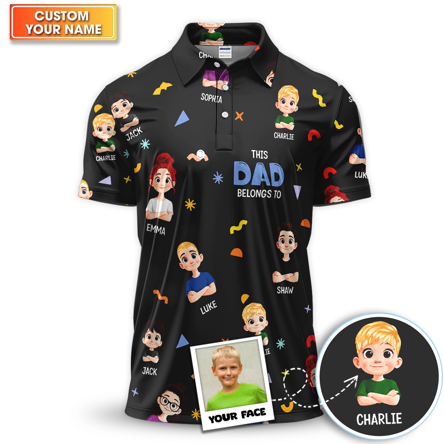 Custom Face Kids Cartoon Golf Pattern Shirt For Men, Father's Day Gift