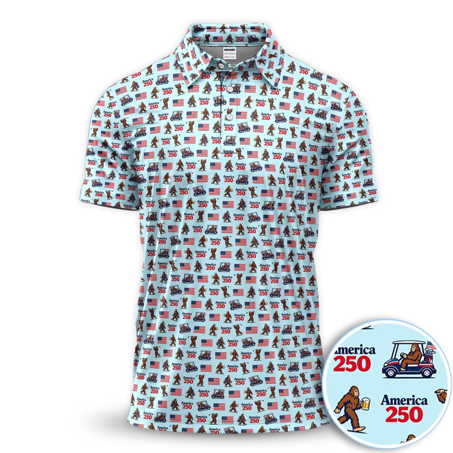 Bigfoot America 250 Pattern Golf Polos, Crazy Bigfoot Golf Shirt For Men, Funny Golf Shirt