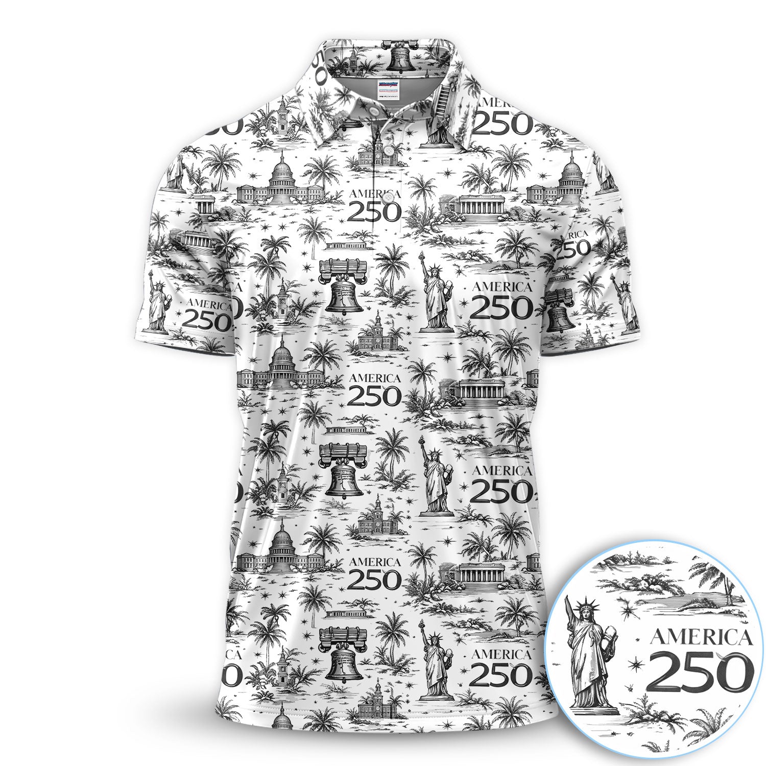 America 250 Golf Polo Shirt, Patriotic USA Landmark Print Polo For Men, Independence Day Shirt