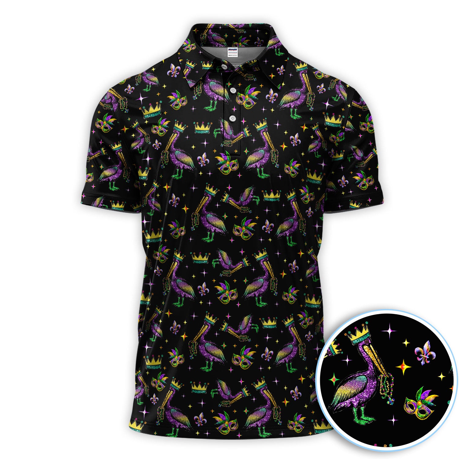 Mardi Gras Pelican Pattern Golf Polos, Funny Pelican Golf Shirt For Men, Crazy Golf Gift For Golfer