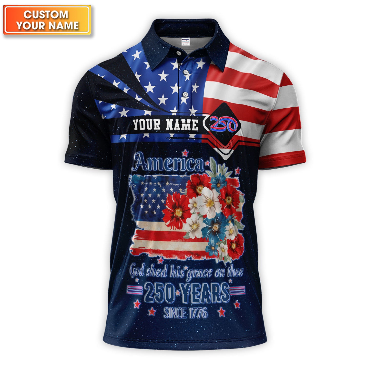 Custom Name USA 250th Anniversary Golf Polo Shirt, Patriotic American Flag, Golf Gift For Men
