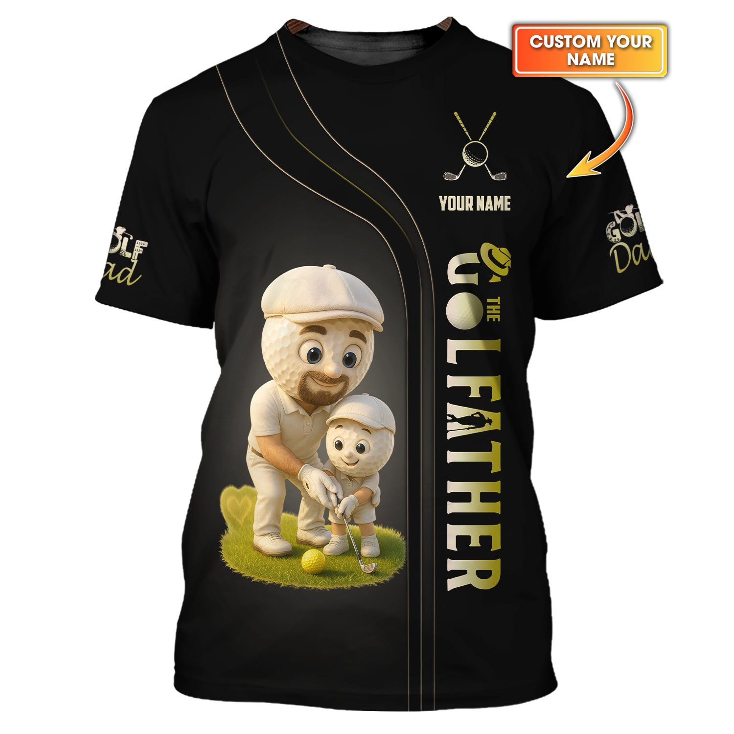Custom Black Golf Dad Shirt – The Golfather Quote Tee with Cute Golf Ball Characters