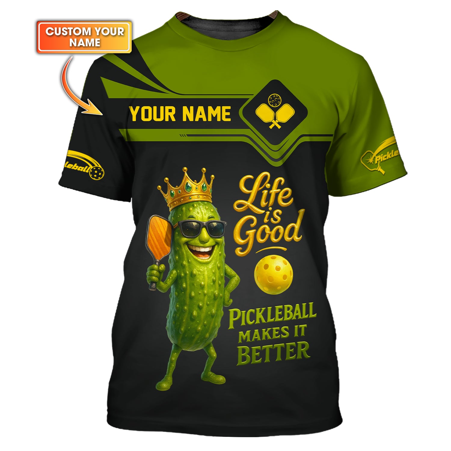 Pickleball Makes Life Better Shirt Custom Name, Funny Pickle Character Sport Tee, Great Gift for Pickleball Players