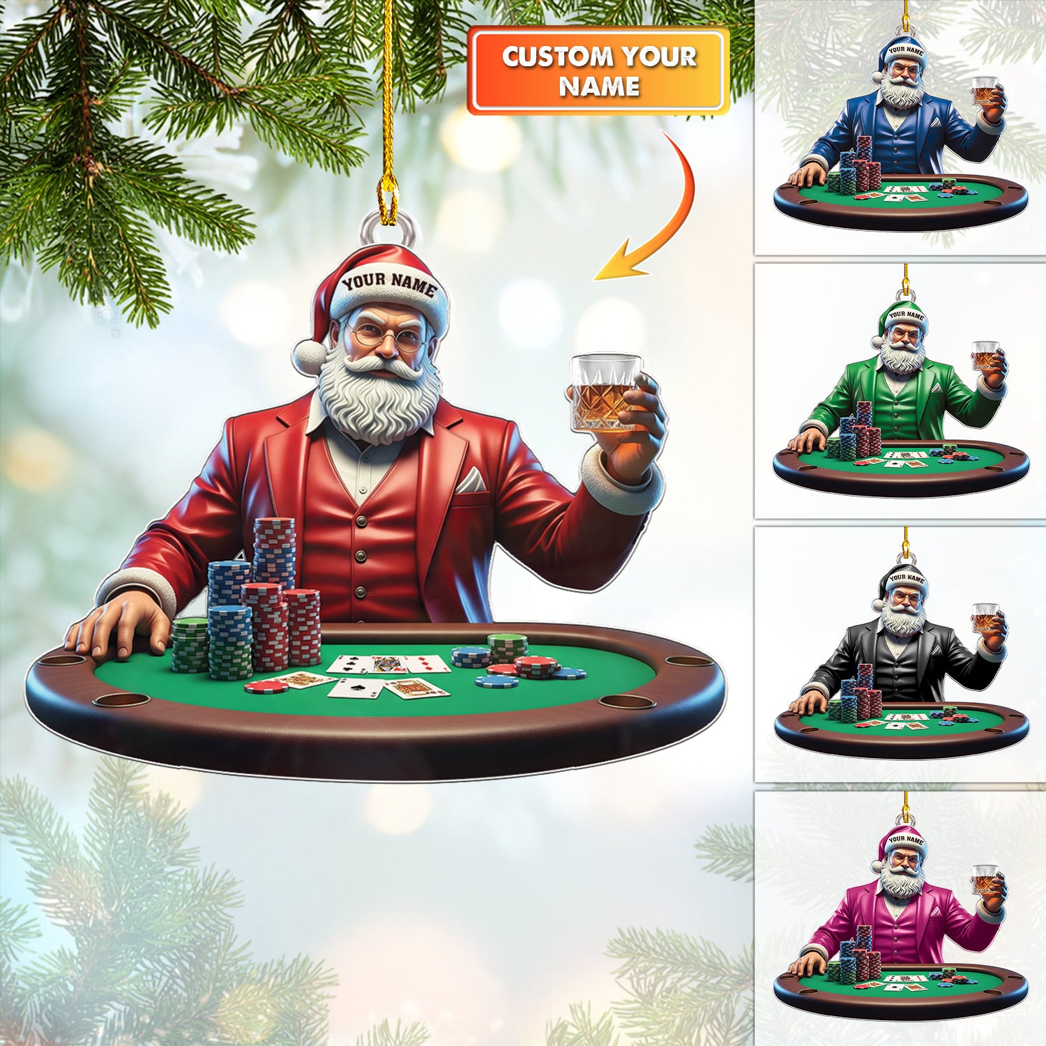 Personalized Poker Santa Ornament, Custom Santa Poker Ornament, Poker Christmas Ornaments, Gift For Gambler Lover