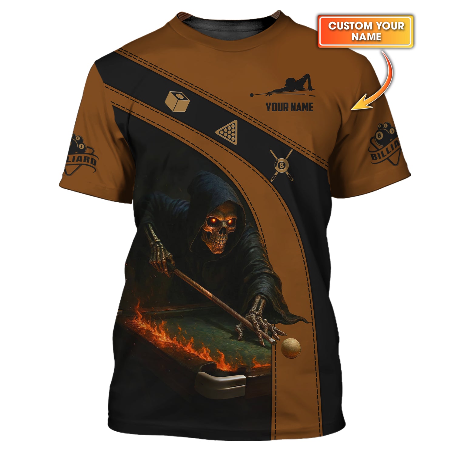 Billiards T Shirt Grim Reaper Pool Player Tee Custom Black Brown Flaming Table Design