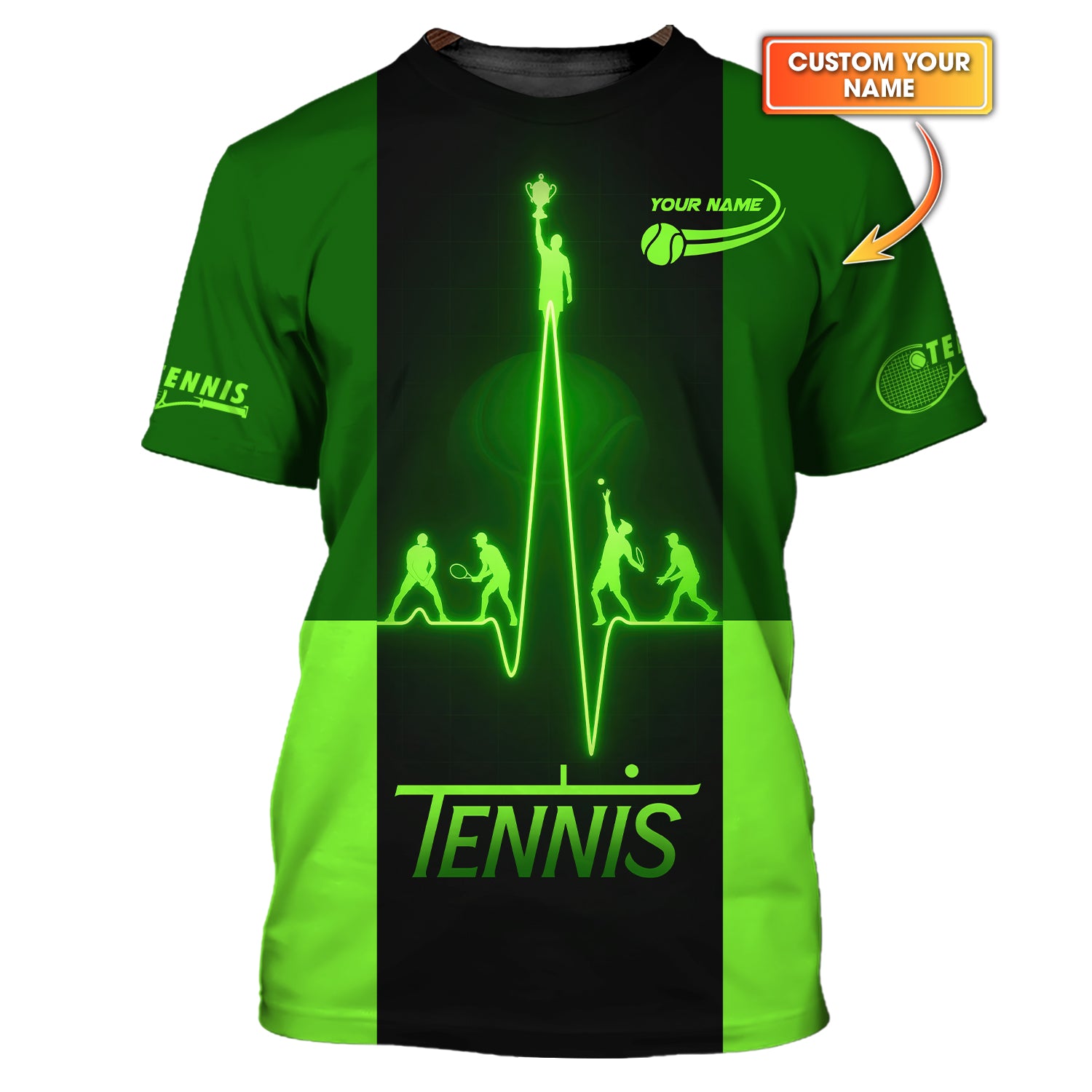 Custom Tennis Shirt, Green Heartbeat Champion Tee, Neon Tennis Player T-Shirt