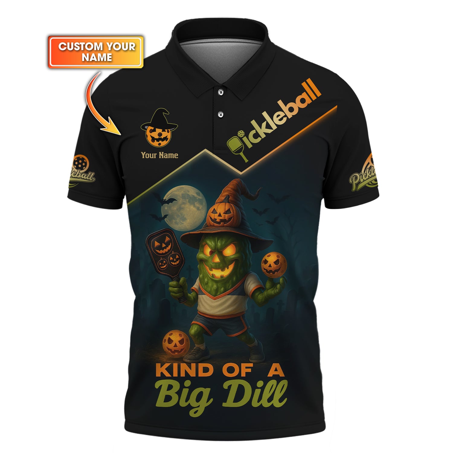 Custom Name Funny Pickleball T-Shirts, Halloween Pickleball Shirt, Kind Of A Big Dill Polos, Gift For Pickleball Lovers