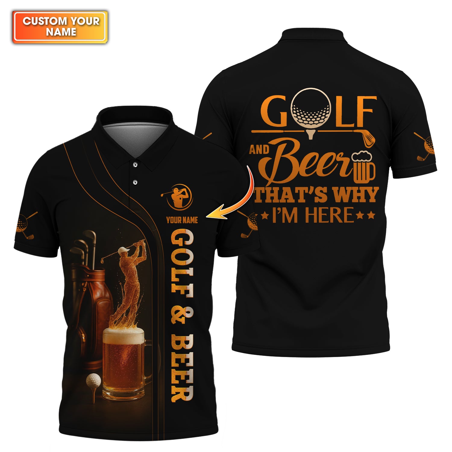 Golf & Beer Polos, Funny Beer Golf Shirt For Men's, Custom Name Golf Shirts For Beer Lovers