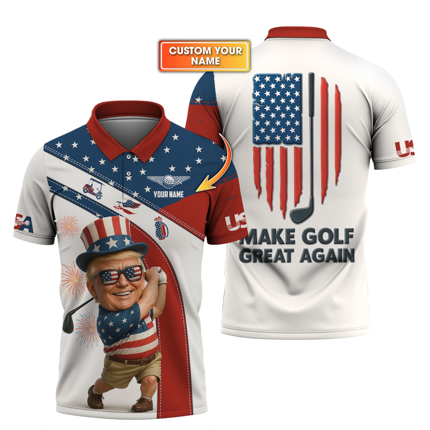 4th Of July Golf Shirt Custom Name, Trump Golf Polos, Patriotic Golf Shirts, Funny Golf Shirt For Men