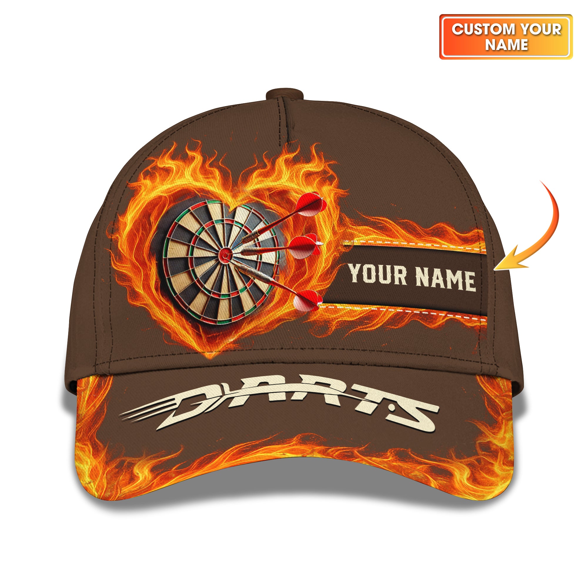 Custom Name Darts Cap, Flaming Heart Dartboard Hat, Gift For Darts Players