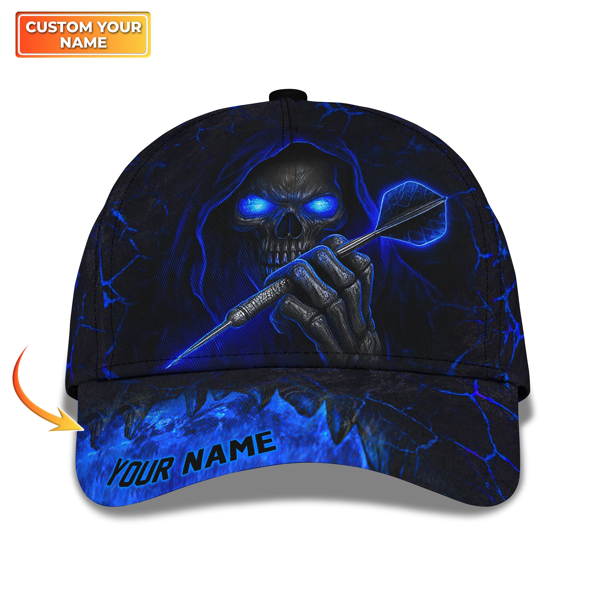 Skull Dart Classic Cap, Grim Reaper Blue Flame Dart Hat, Custom Name Dart Player Gift