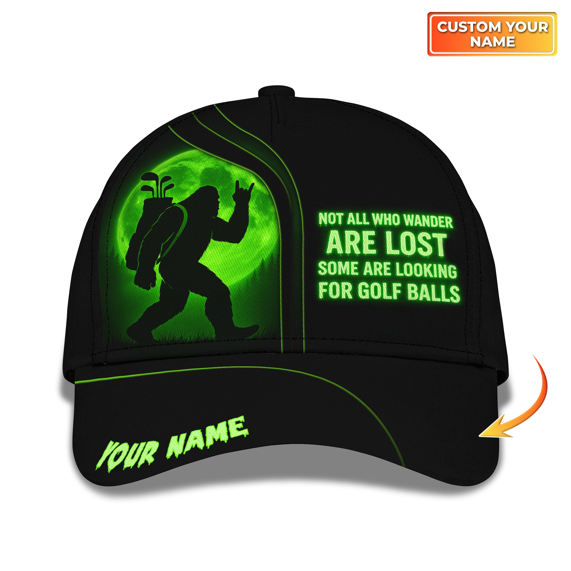 Not All Who Wander Are Lost Golf Squatch Hat, Custom Name Funny Golf Cap, Bigfoot Golf Hat