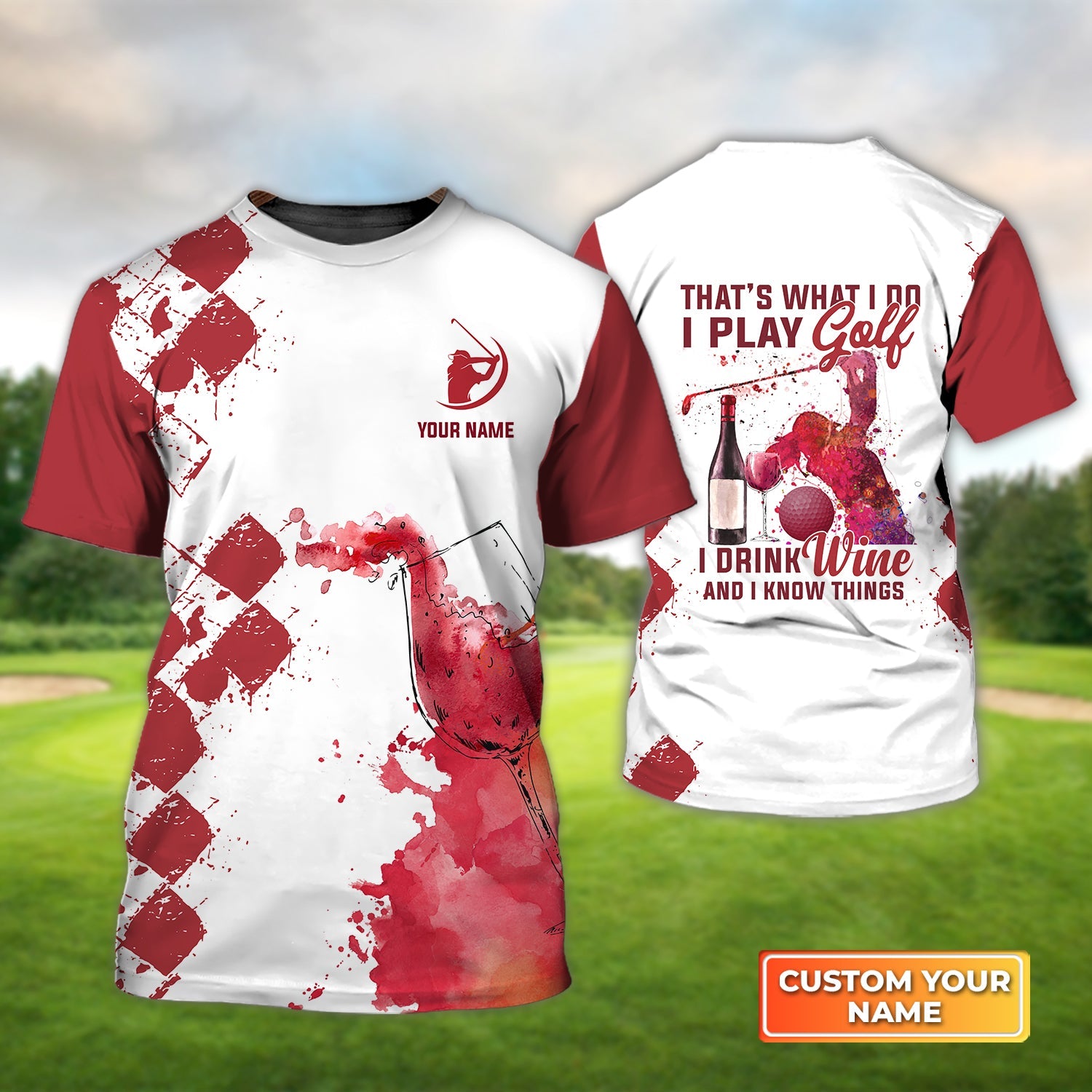 Play Golf Drink Wine Know Things Argyle Burgundy Watercolor, Personalized Name 3D Tshirt Gift For Golfer