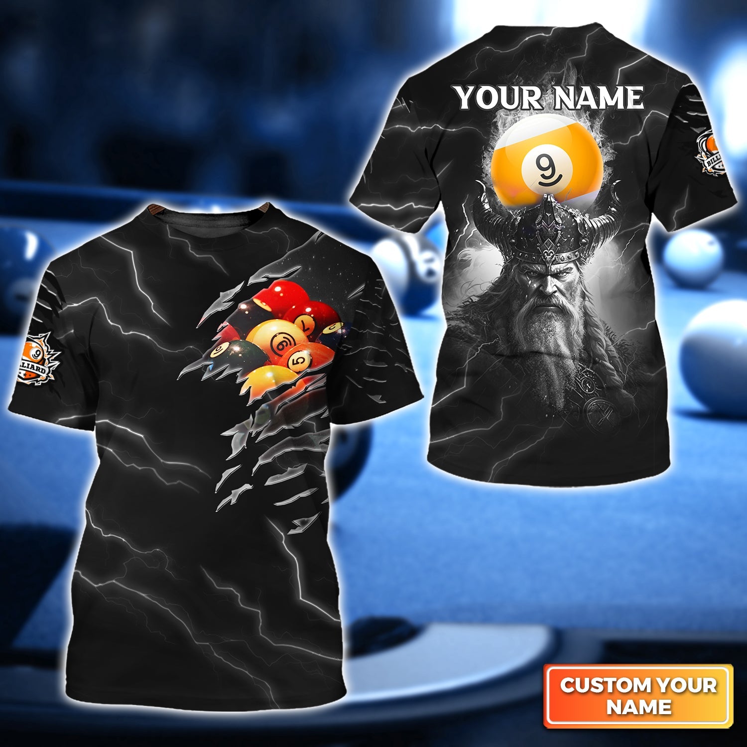 Thunder Viking Billiard Pool 9 Ball Personalized Name 3D Tshirt Gift For Billiard Players