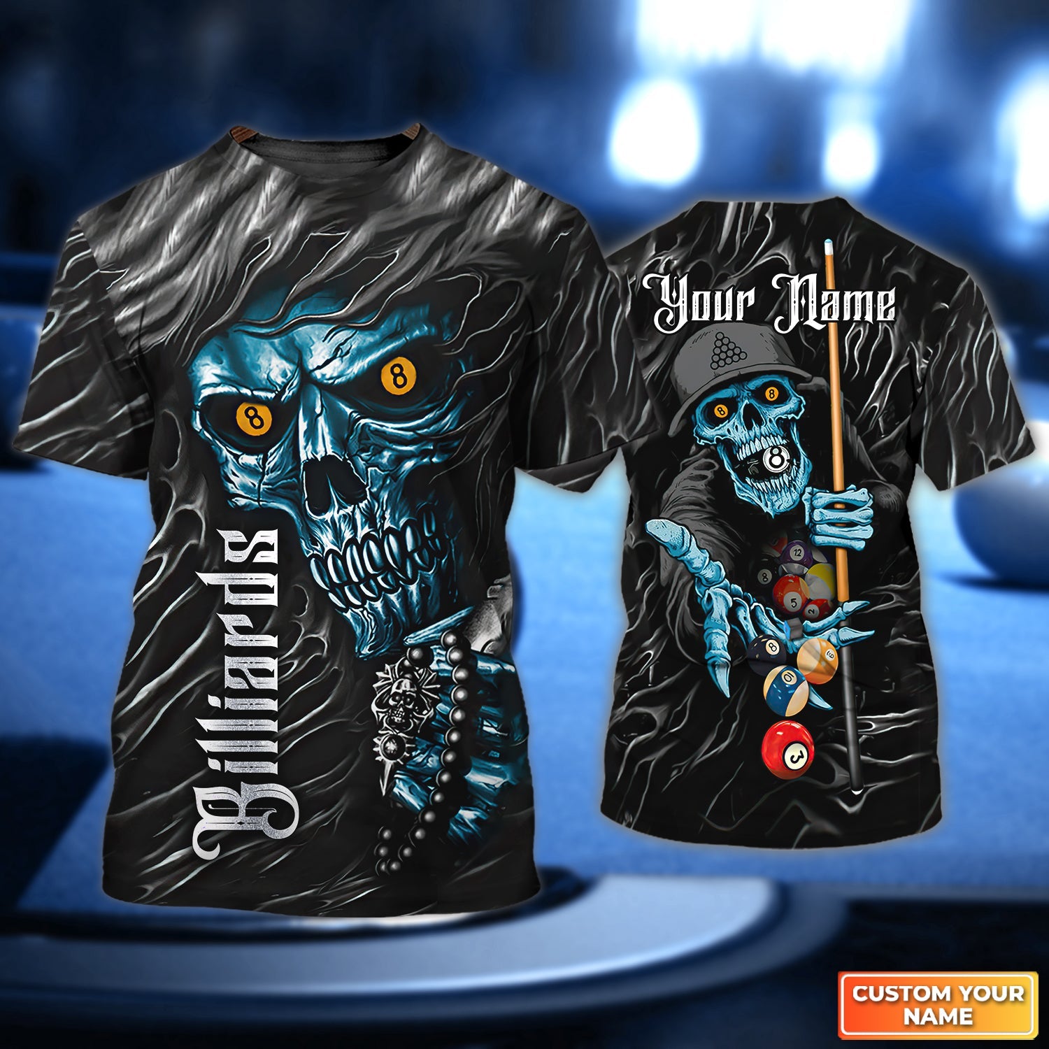Billiard Skull Blue Pool 8 Ball Personalized Name 3D Tshirt Gift Billiard Players