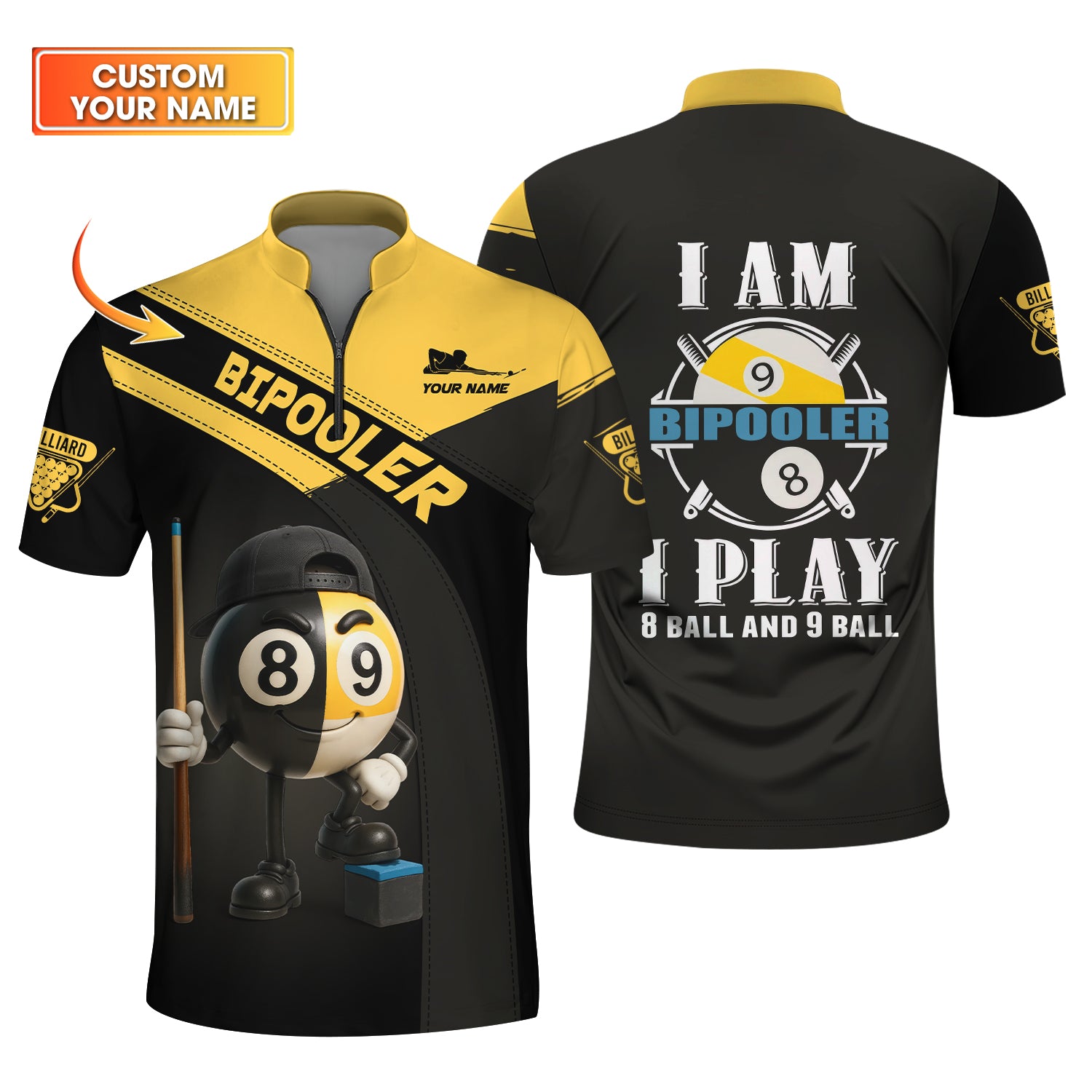 Custom Black and Yellow Bipooler Billiard Shirt – Funny 8 Ball 9 Ball Pool Player Gift Tee
