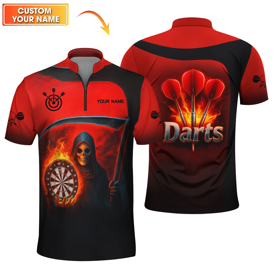 Grim Reaper Darts Jersey, Custom Name Flaming Dartboard Shirt, Halloween Dart Team Shirts for Players