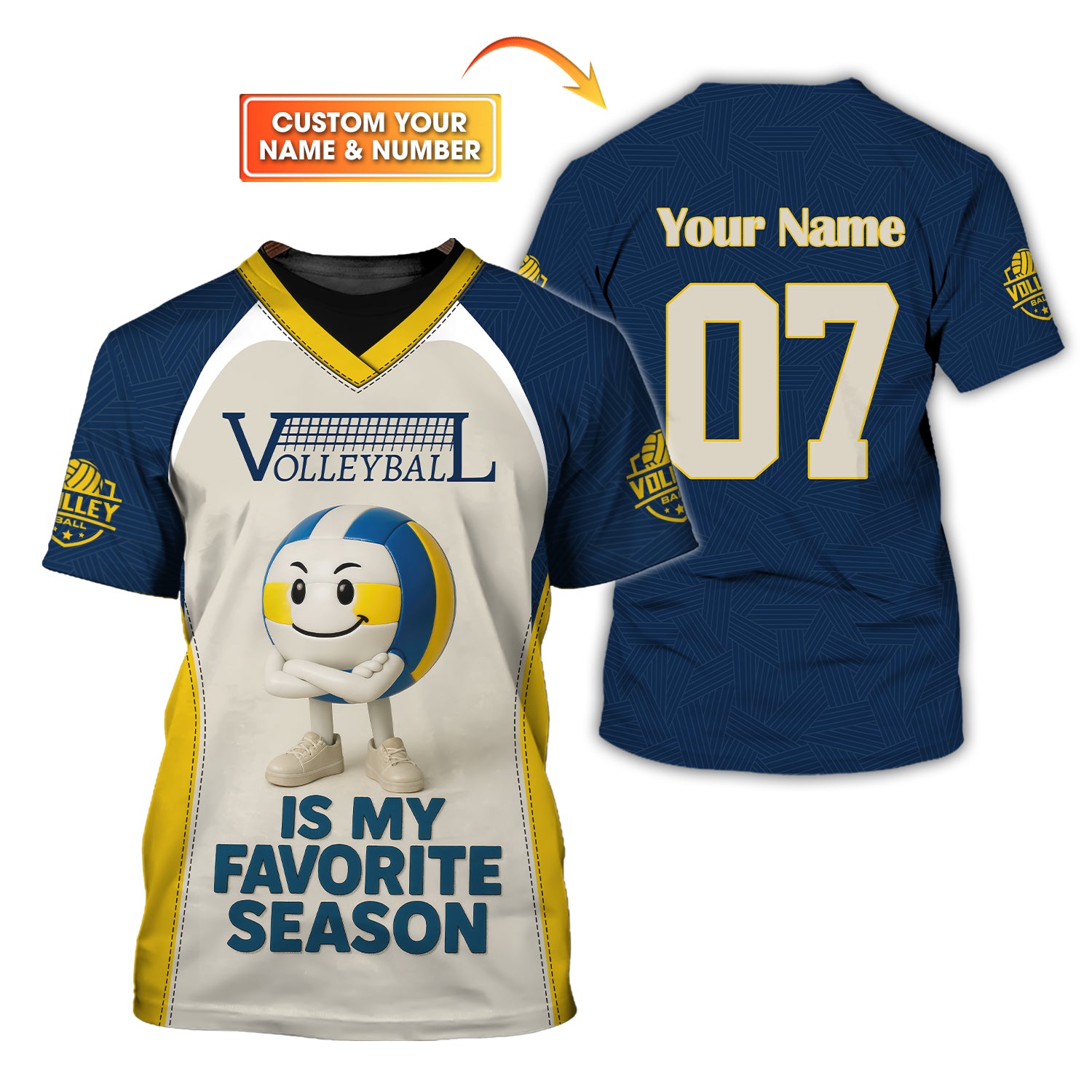 Custom Name Volleyball Shirt – Funny Yellow Blue Jersey “Favorite Season” Quote