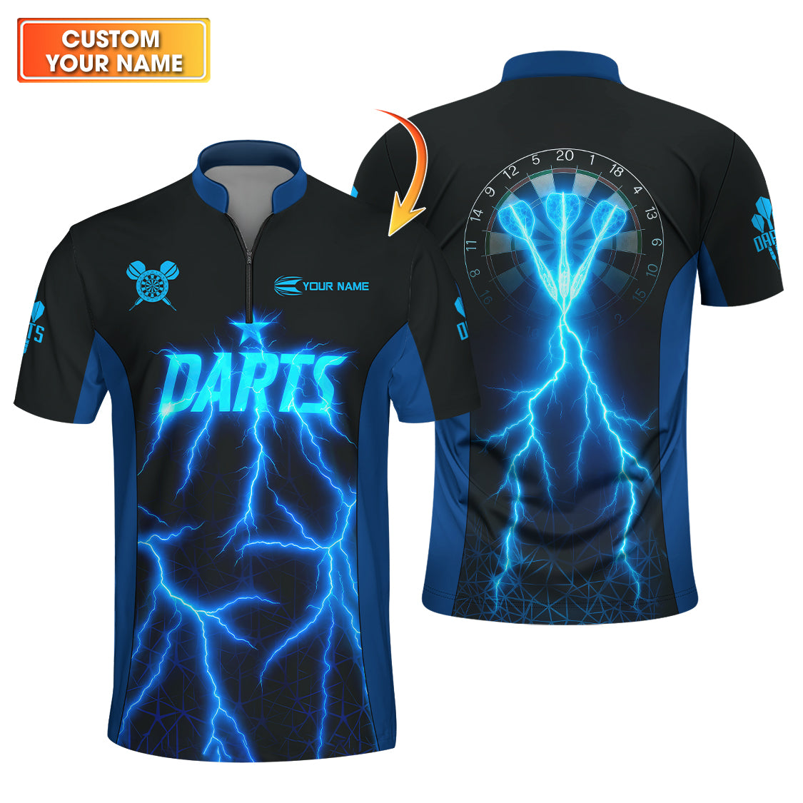 Personalized Name Darts Shirts, Electric Lightning Dart Jerseys, Custom Blue Dart Shirt for Men
