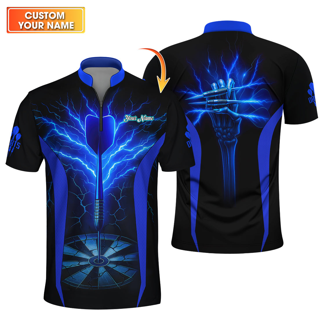 Electric Blue Skeleton Darts Jersey, Custom Name Darts Shirt, Dart Shirts For Men's