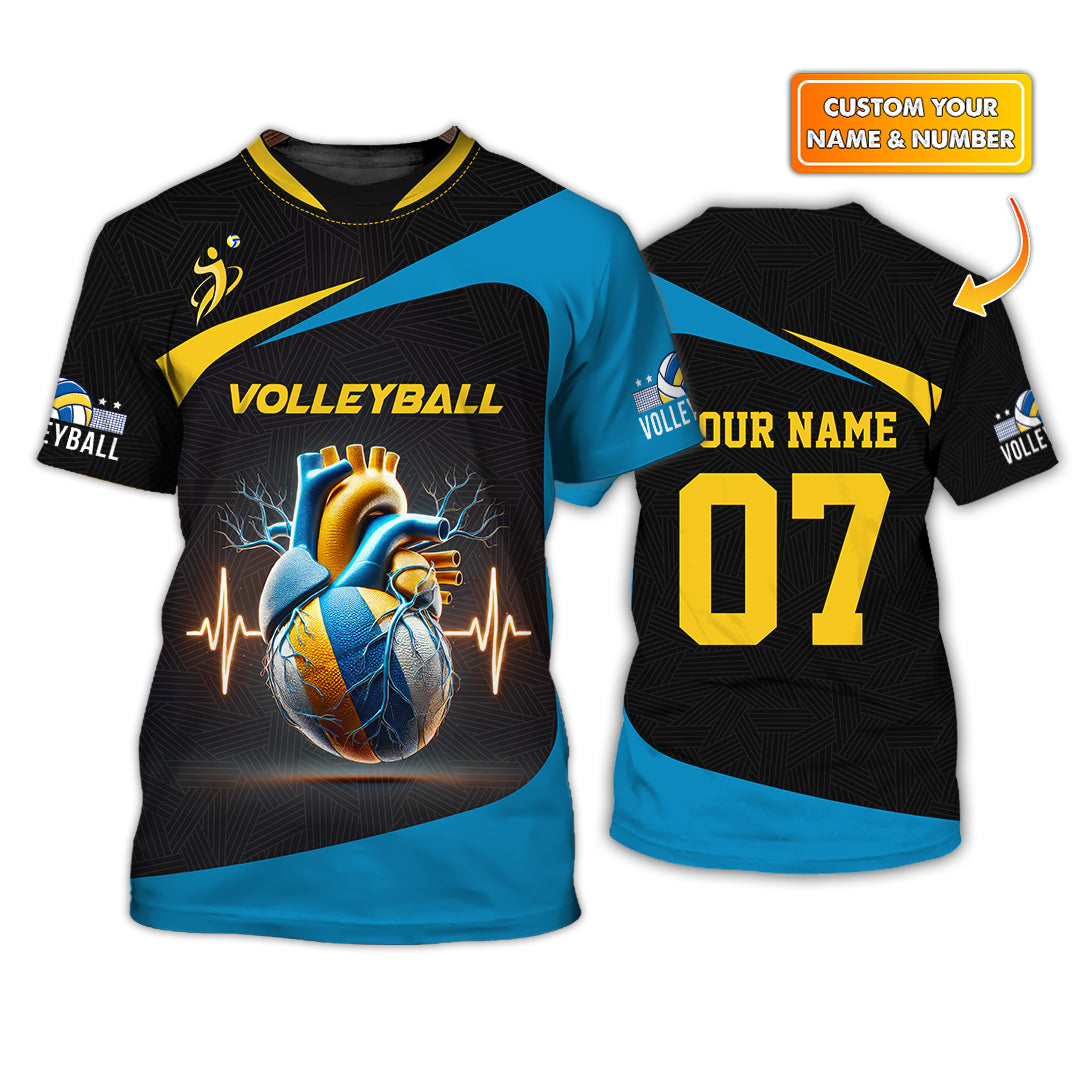 Custom Volleyball Shirt – Blue Heartbeat Design – Personalized Jersey with Name and Number