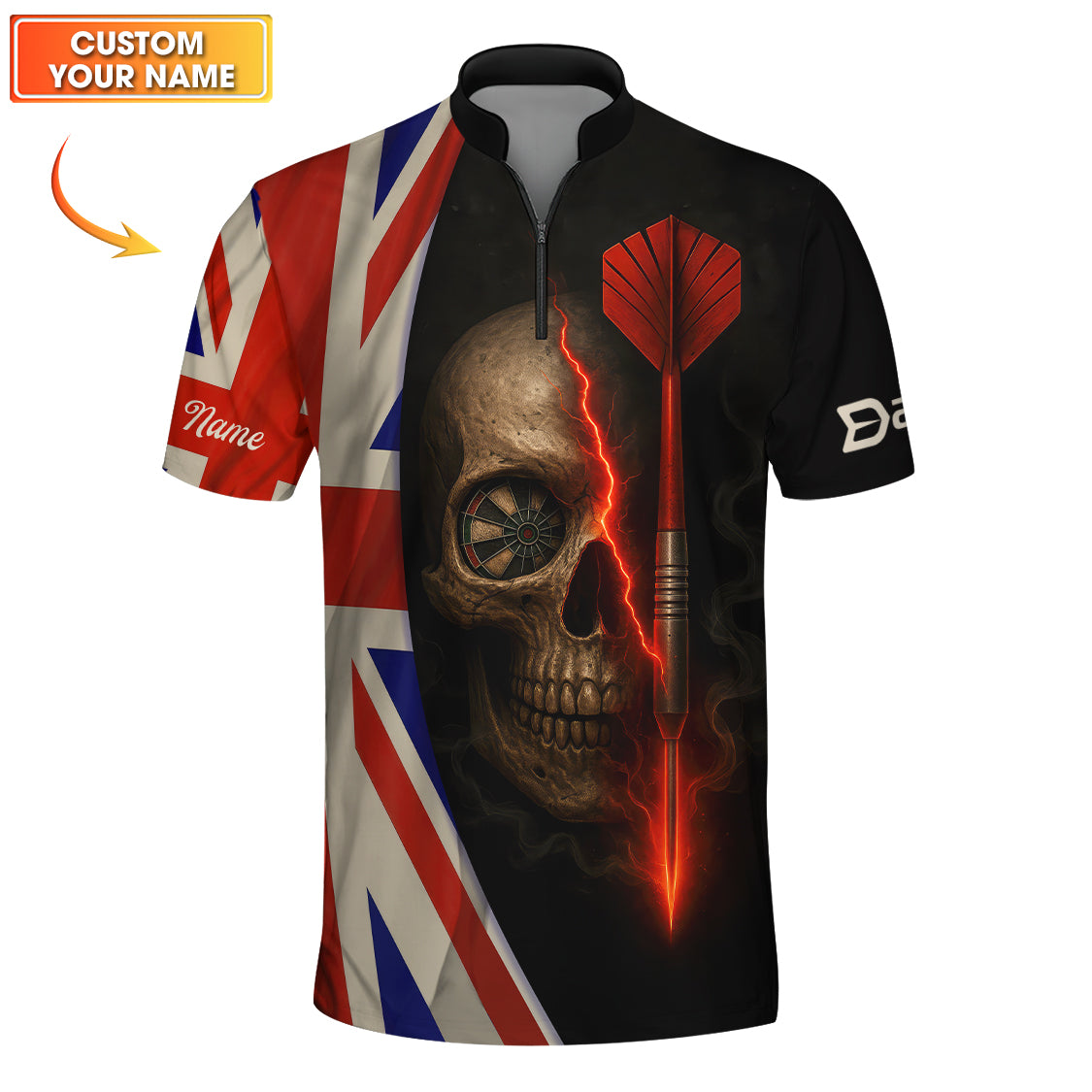 UK Darts Skull Shirt, Custom Darts Jersey With British Flag, Funny Darts Polos