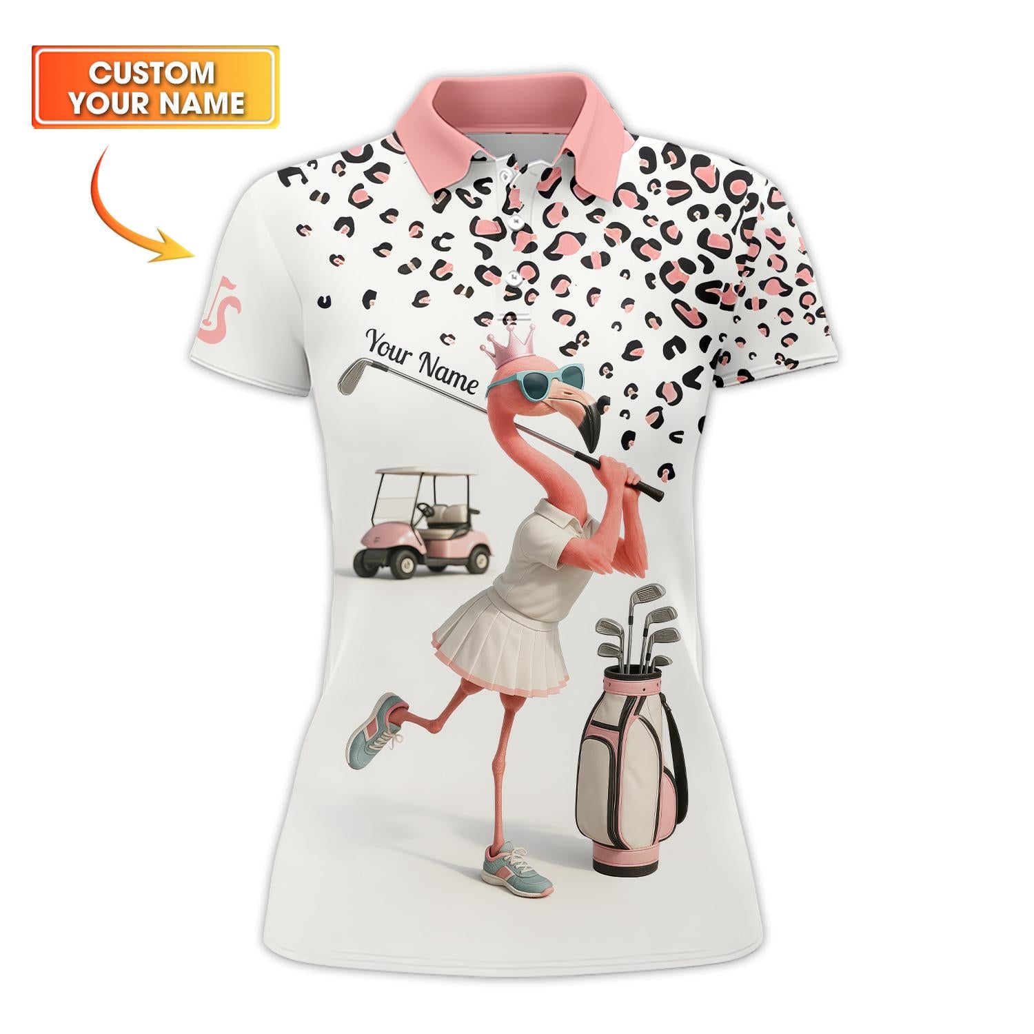 Talk Birdie to Me Flamingo Women's Golf Shirt - Pink Leopard Ladies Golf Polos - Personalized Golf Tee