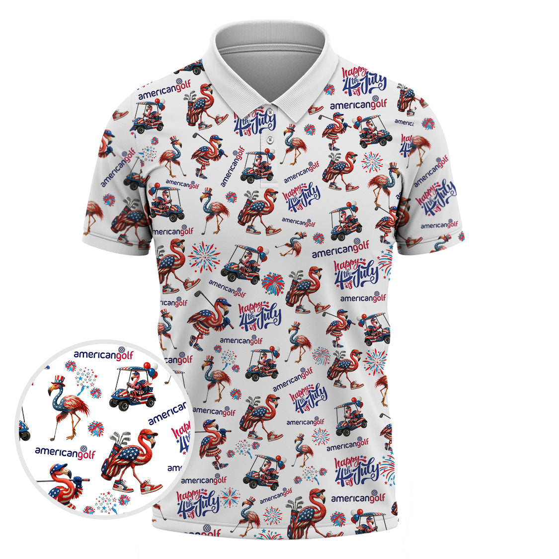 4th of July Golf Shirt – Flamingo Golf Shirt with American Flag – Patriotic Golf Polo for Golfers
