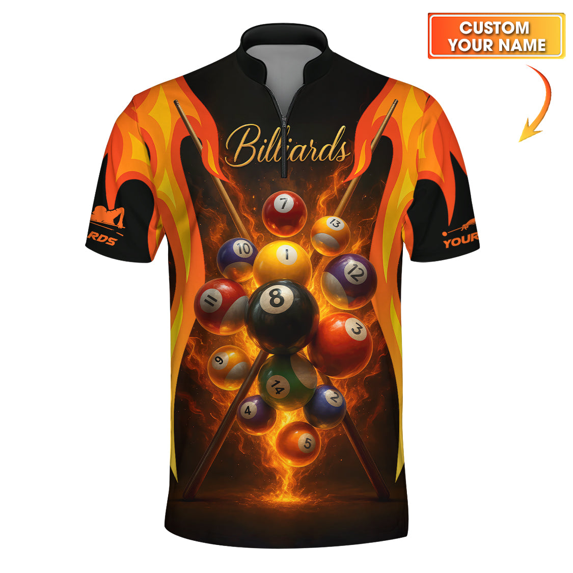 Billiards Pool Shirts, Flaming Billiards Jersey, Custom Name Pool Player Shirt