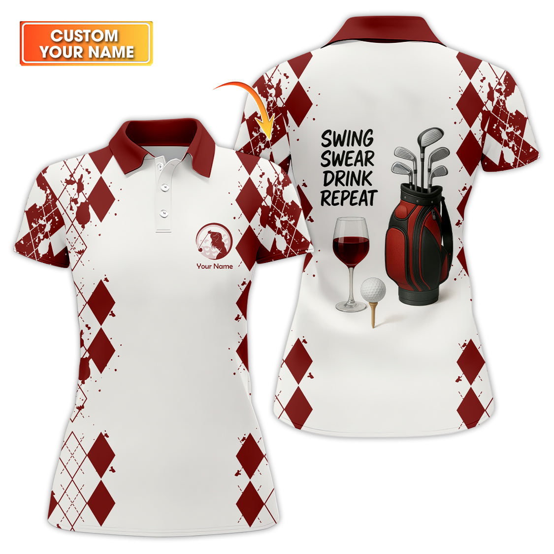 Swing Swear Drink Repeat Women's Golf Shirt, Funny Golf Wine Polos Custom Name, Golf Gift For Golfers