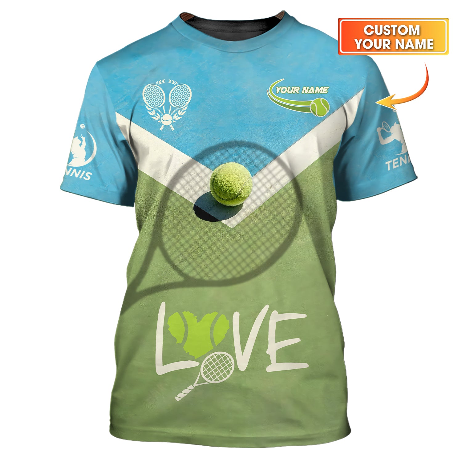 Personalized Tennis Shirt – LOVE Design with Ball & Racket – Custom Name Athletic Tee