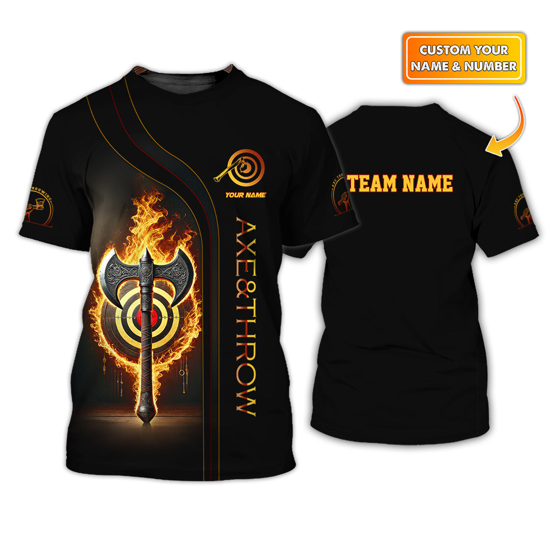 Custom Black Axe Throwing Team Shirt – Flaming Target & Battle Axe Design – Personalized Jersey for Axe Throwing Leagues & Events