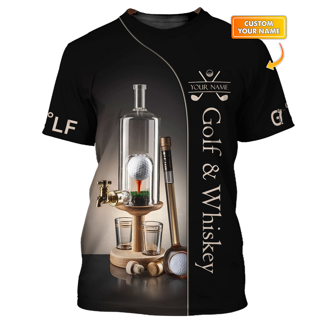 Custom Black & Gold Golf Shirt – Whiskey Dispenser Bottle with Golf Ball Design – Personalized Golf & Whiskey Apparel for Men