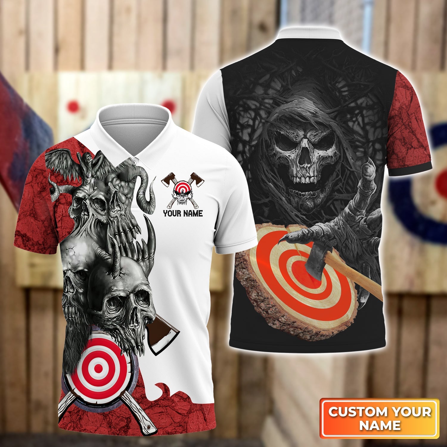 Skull Axe Throwing Target Personalized Name 3D Polo Shirt For Team Player