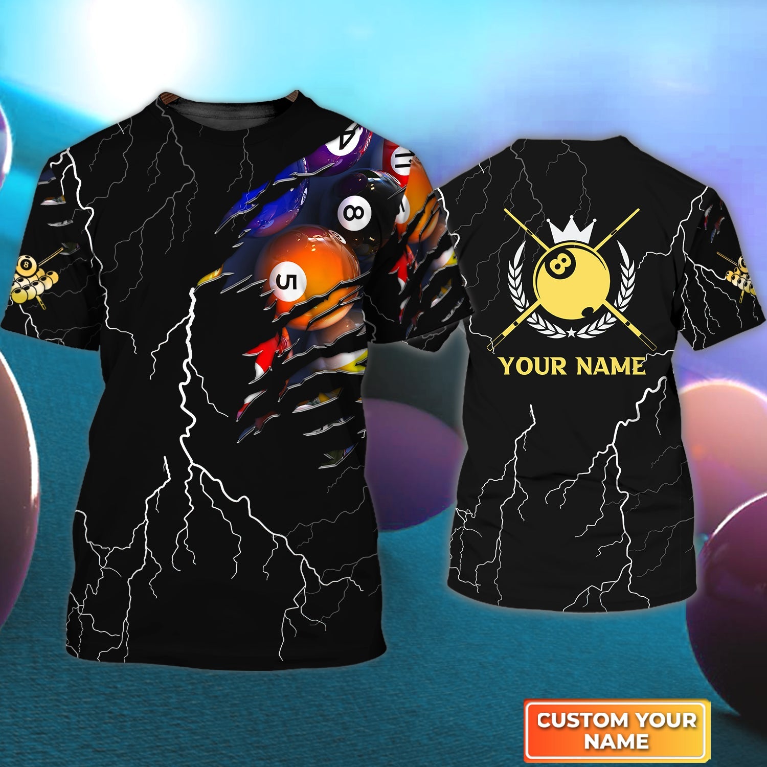 Thunder Billiard Ball Personalized Name 3D Tshirt For Billiard Player