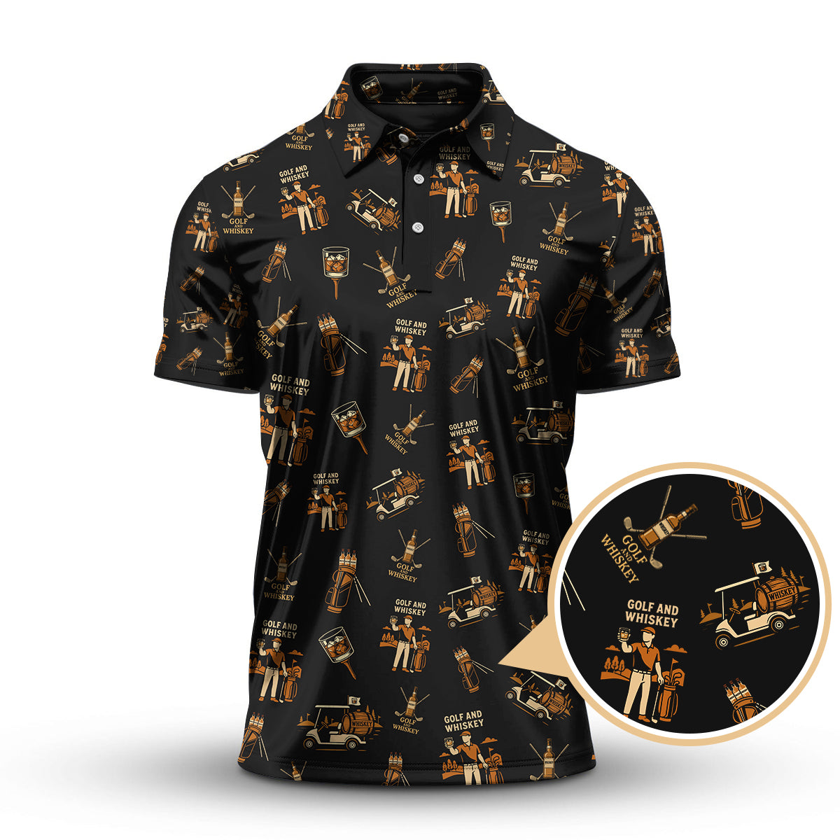 Pattern Golf Polos For Men, Golf And Whiskey Shirt With Retro Style For Golfers, Crazy Golf Shirt