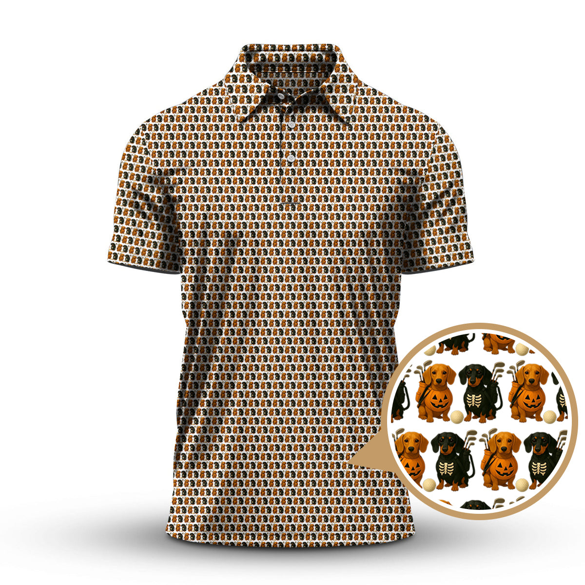 Halloween Golf Shirt, Dachshund Pattern Golf Shirt With Pumpkin And Skeleton, Funny Golf Shirt For Golfer, Dog Golf Shirt