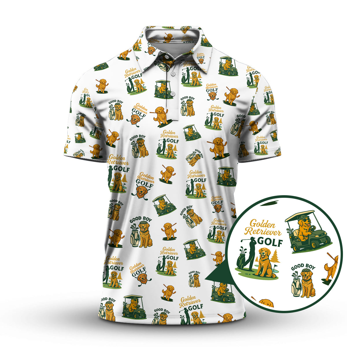 Golden Retriever Pattern Golf Shirt For Men's, Crazy Golf Polos, Funny Golf Shirts For Golfers