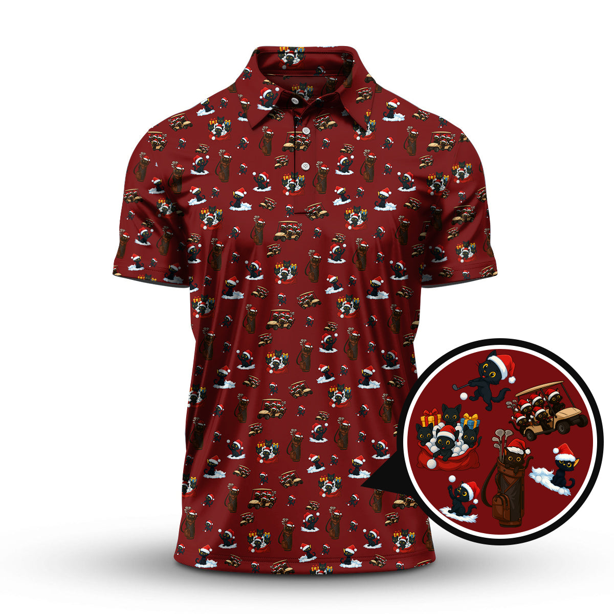 Christmas Golf Shirt, Crazy Pattern Golf Shirt For Pet Lover, Funny Cat Golf Shirt For Men