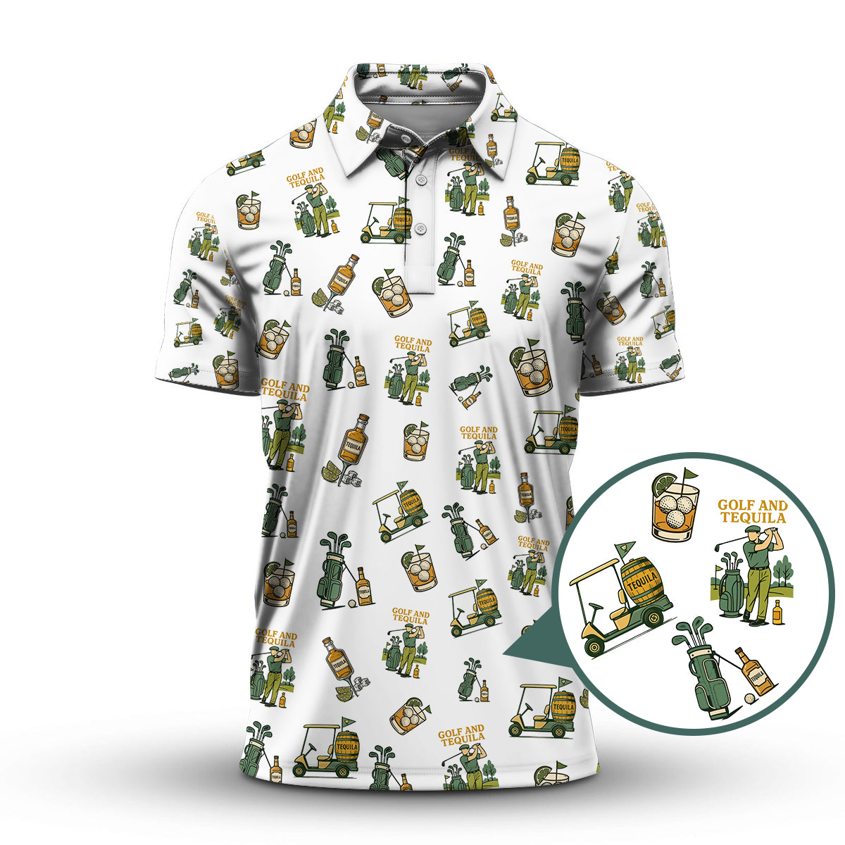 Golf and Tequila Pattern Golf Polos, Funny Whiskey Golf Shirt For Golfers, Golf Shirts For Men