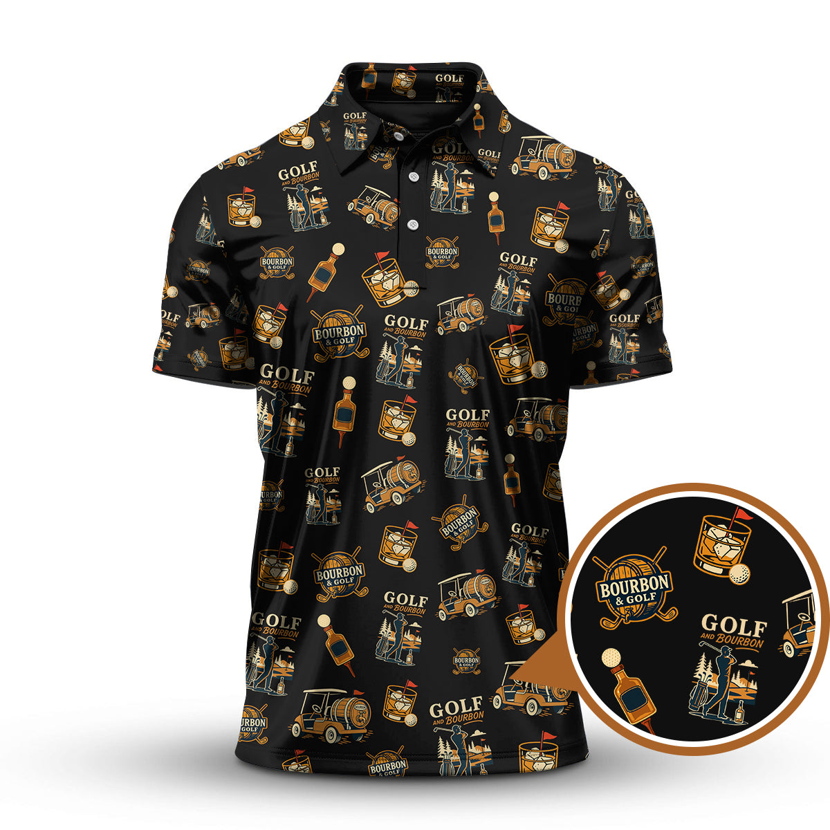 Funny Bourbon Pattern Polos, Golf and Bourbon Shirt for Men, Gift For Golfers