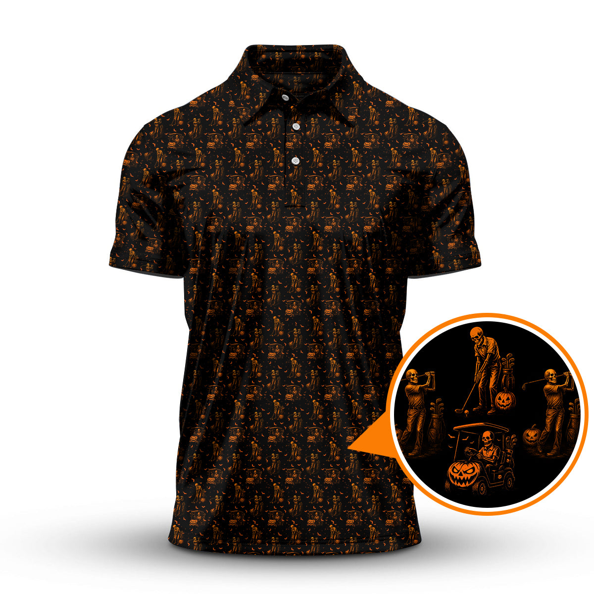 Halloween Skeleton Golf Shirt, Funny Pattern Golf Polos For Men, Spooky Golf Cart & Pumpkin Shirts