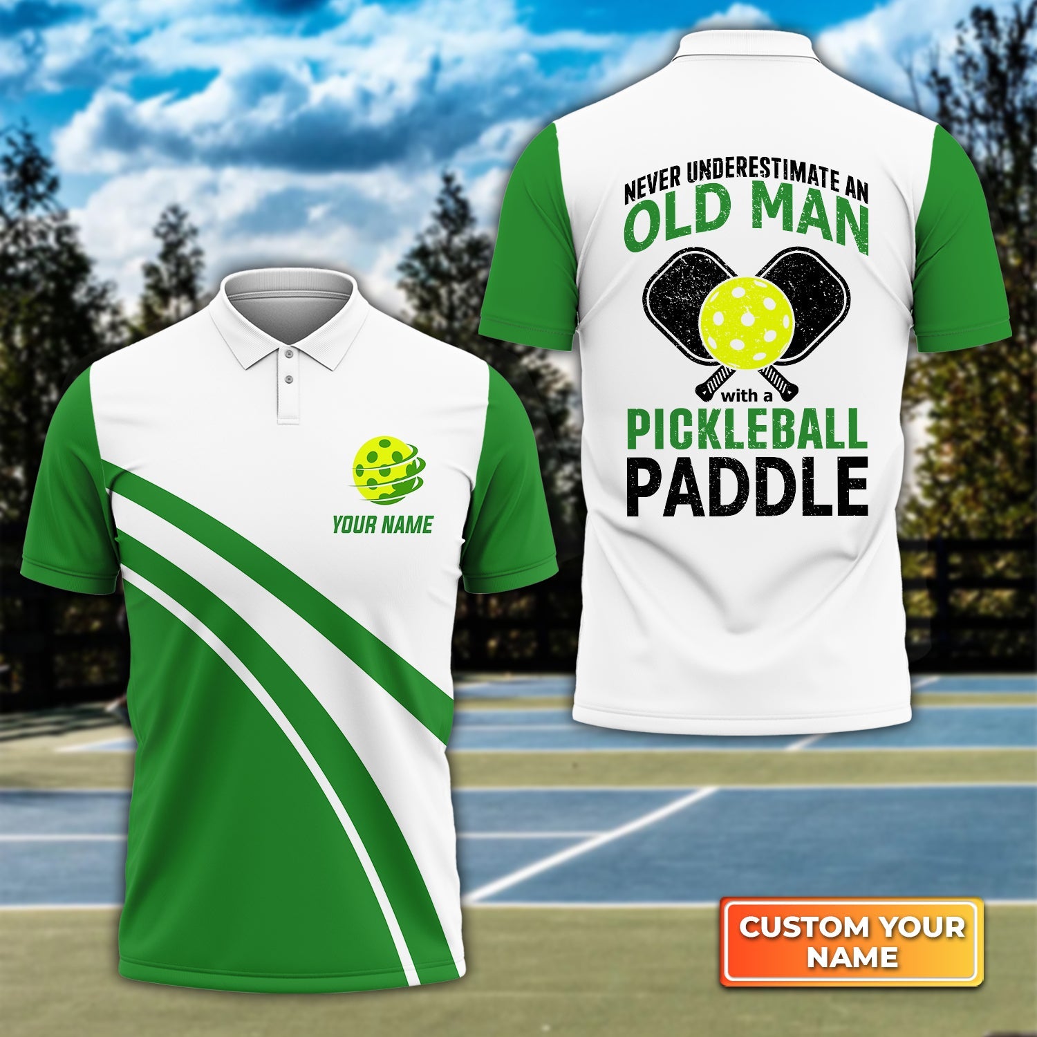 Never Underestimate An Old Man With A Pickleball Paddle Personalized Name 3D Polo Shirt Gift For Pickleball Player
