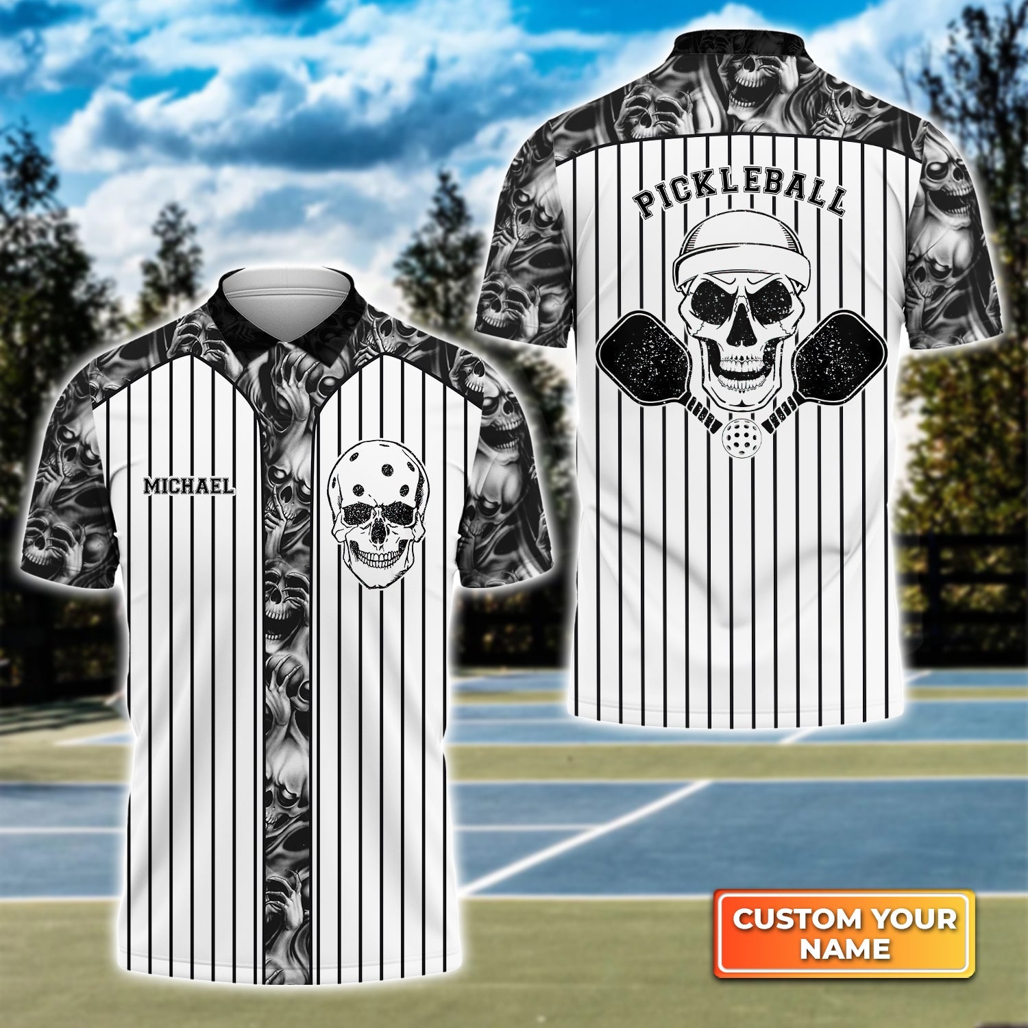 Skull Vertical Stripes Personalized Name 3D Polo Shirt Gift For Pickleball Player