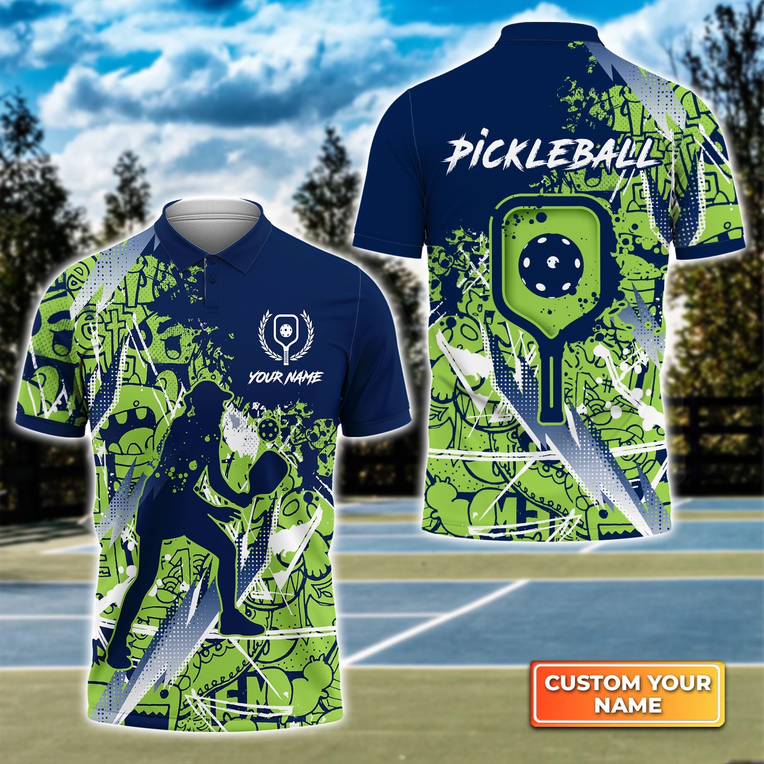 Pickleball, Scritch Woman Green Blue Pattern Personalized Name 3D Polo Shirt Gift For Pickleball Player