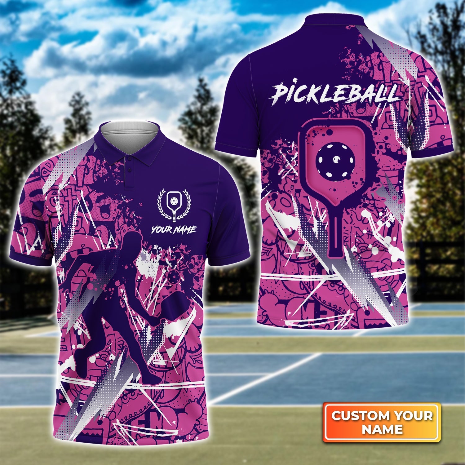 Pickleball, Scritch Man Purple Pink Pattern Personalized Name 3D Polo Shirt Gift For Pickleball Player