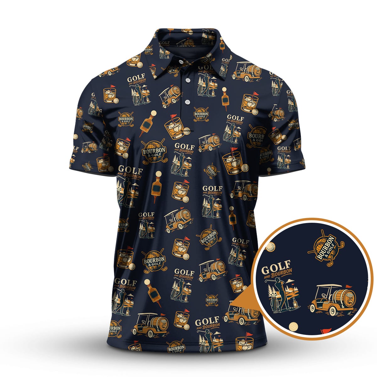 Golf and Bourbon Pattern Polos, Funny Bourbon Shirt For Men, Crazy Golf Shirts For Golfers